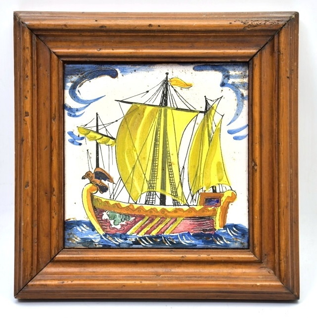826 デルフト タイル 額装 ● アンティーク オランダ 古陶 骨董 インテリア 帆船
