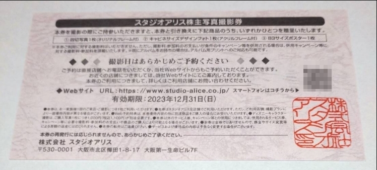 期限2022年12月31日 スタジオアリス 株主優待券 写真撮影券2枚セット