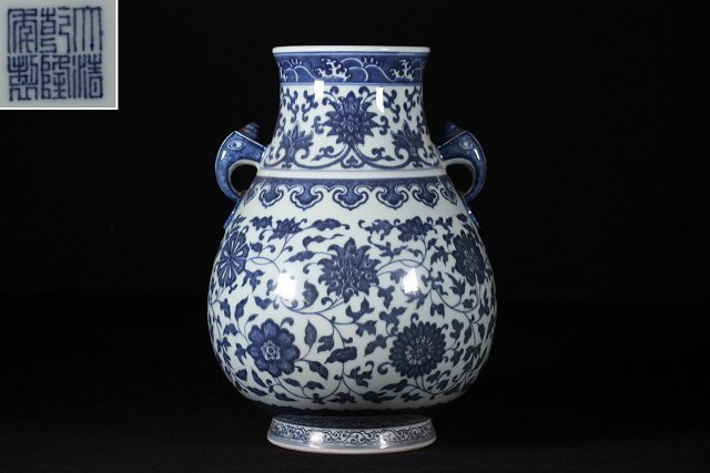 民藝景徳鎮 染付高砂手花瓶 魚双耳 花瓶 花入 人物図 細密 民藝景