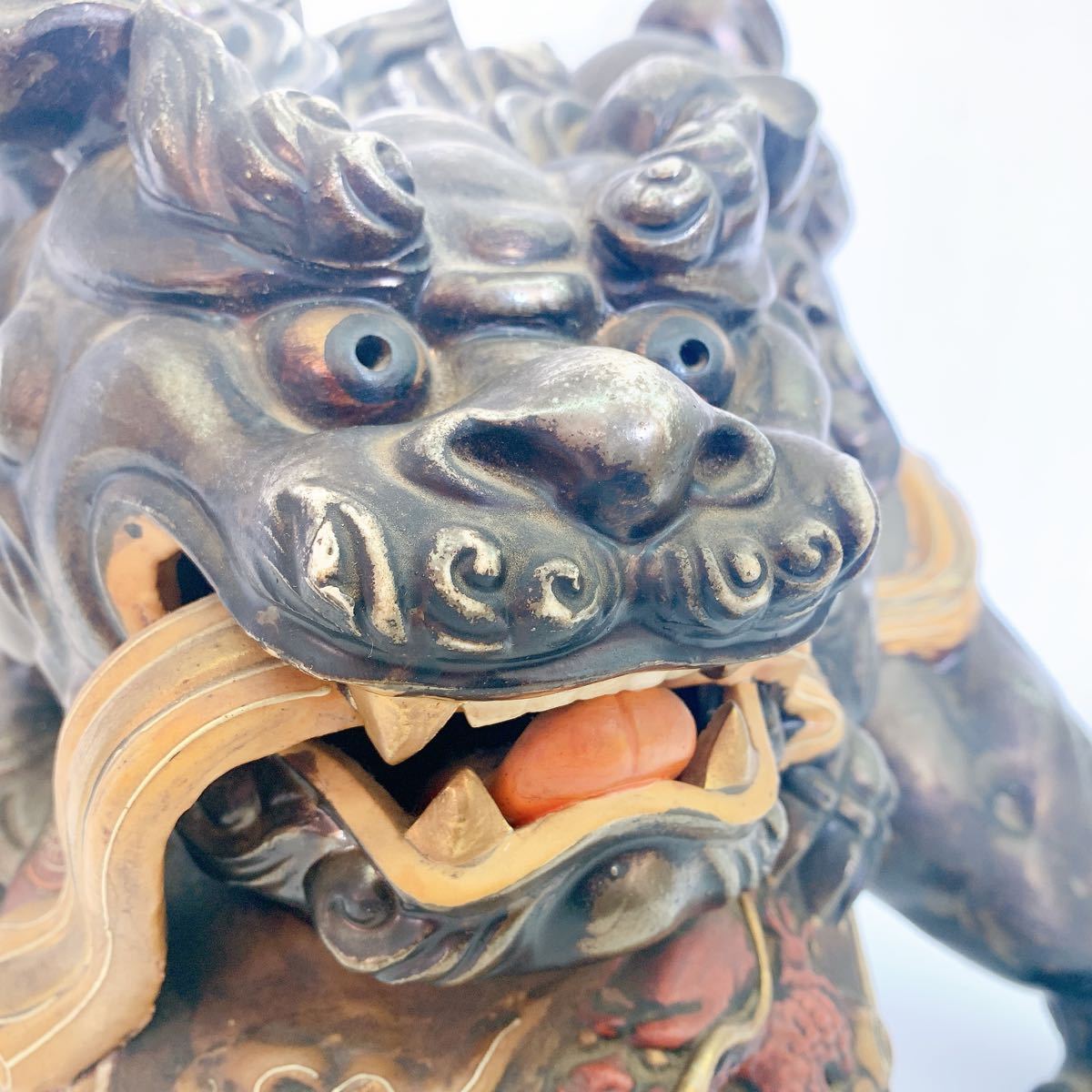 3AA88 1円〜 九谷焼 唐獅子 八栄窯 須栄義 玉乗り獅子 高さ約36cm 