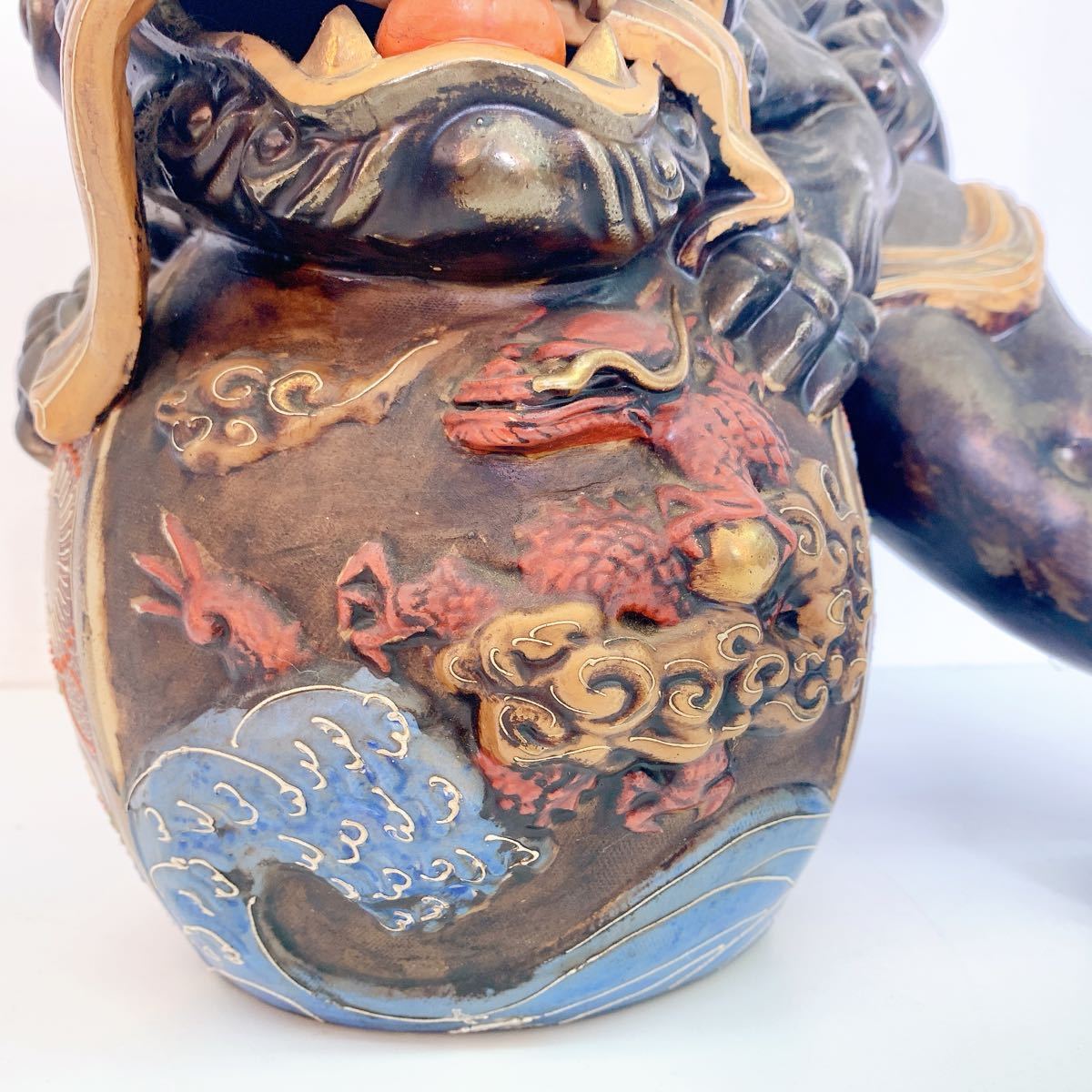 3AA88 1円〜 九谷焼 唐獅子 八栄窯 須栄義 玉乗り獅子 高さ約36cm 