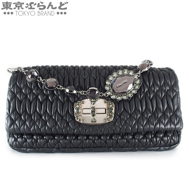 101658295★ミュウミュウ miumiu マテラッセ ナッパクリスタル 2WAY ショルダーバッグ クラッチバッグ RP0233 ビジュ レザー 黒 レディース