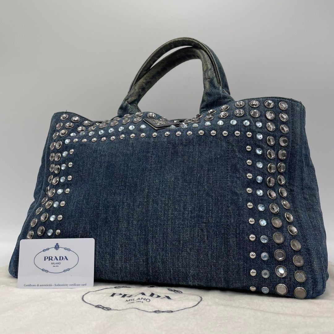 極美品】プラダ PRADA カナパデニム トートバッグ ビジュー スタッズ 