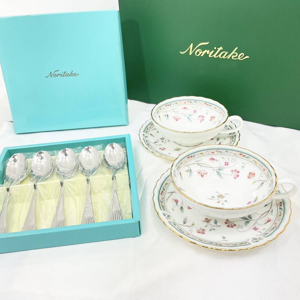 【未使用】ノリタケ カトラリー スプーン 5本 カップ&ソーサー 2客セット 箱付 NORITAKE（C579） 