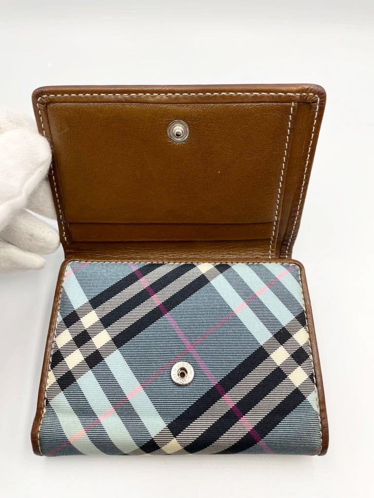 バーバリー　ブルーレーベル　二つ折り財布　ダークブラウン× チェック　小銭入れ付き　美品　レディース　三つ折り財布　コインケース