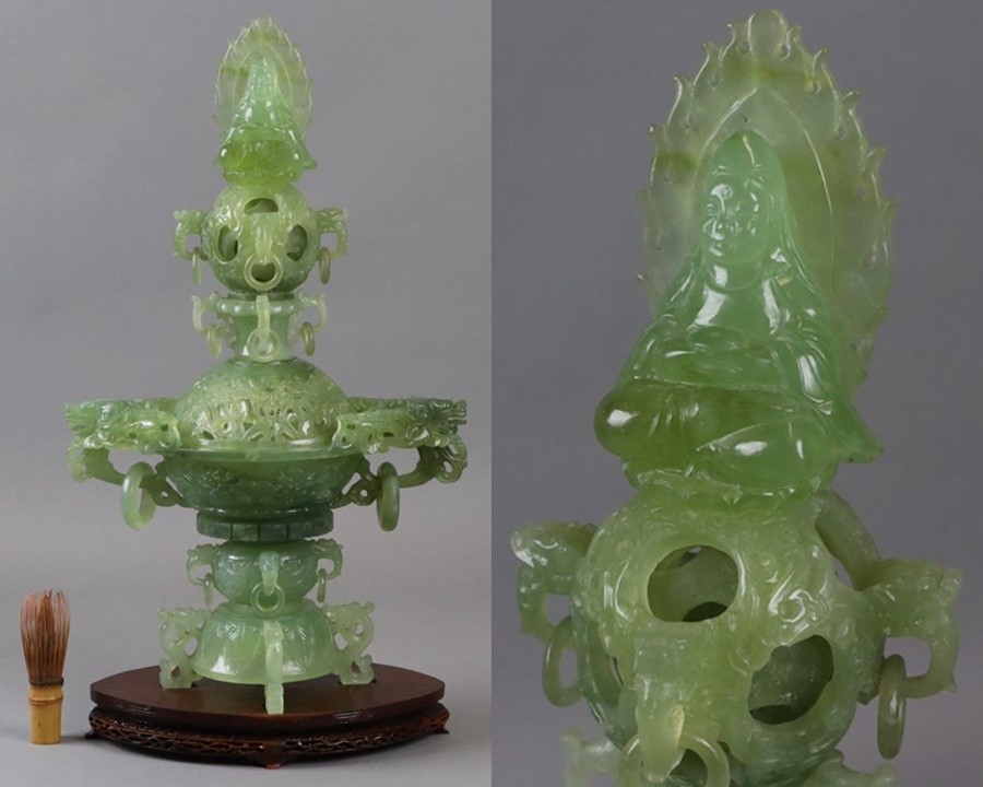 中国古玩 翡翠玉石 彫刻 観音天球龍彫遊環付 香炉 台付 置物 高54cm 