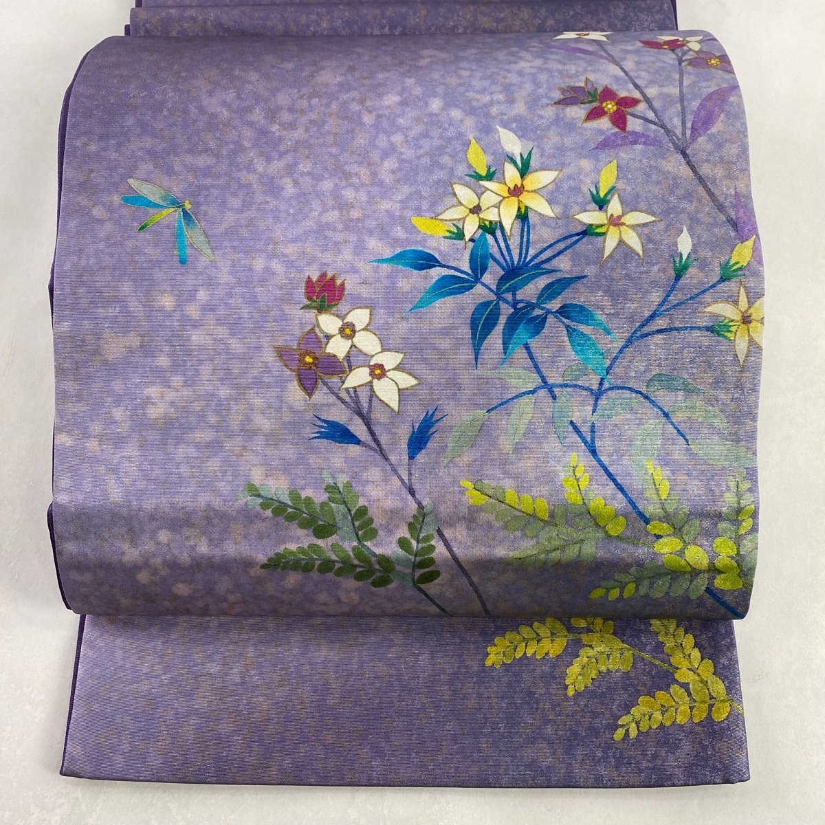 袋帯 美品 秀品 落款 草花 箔 紫 お太鼓柄 正絹 【中古】 | ACADEMY 
