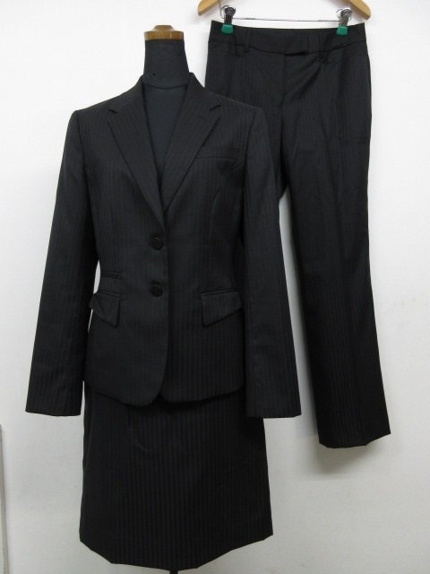 t7203 美品　ミスジュンコ　レディース　スーツ3点セット　ジャケット/タイトスカート/パンツ　ブラック/ストライプ　サイズ11　Miss JUNKO