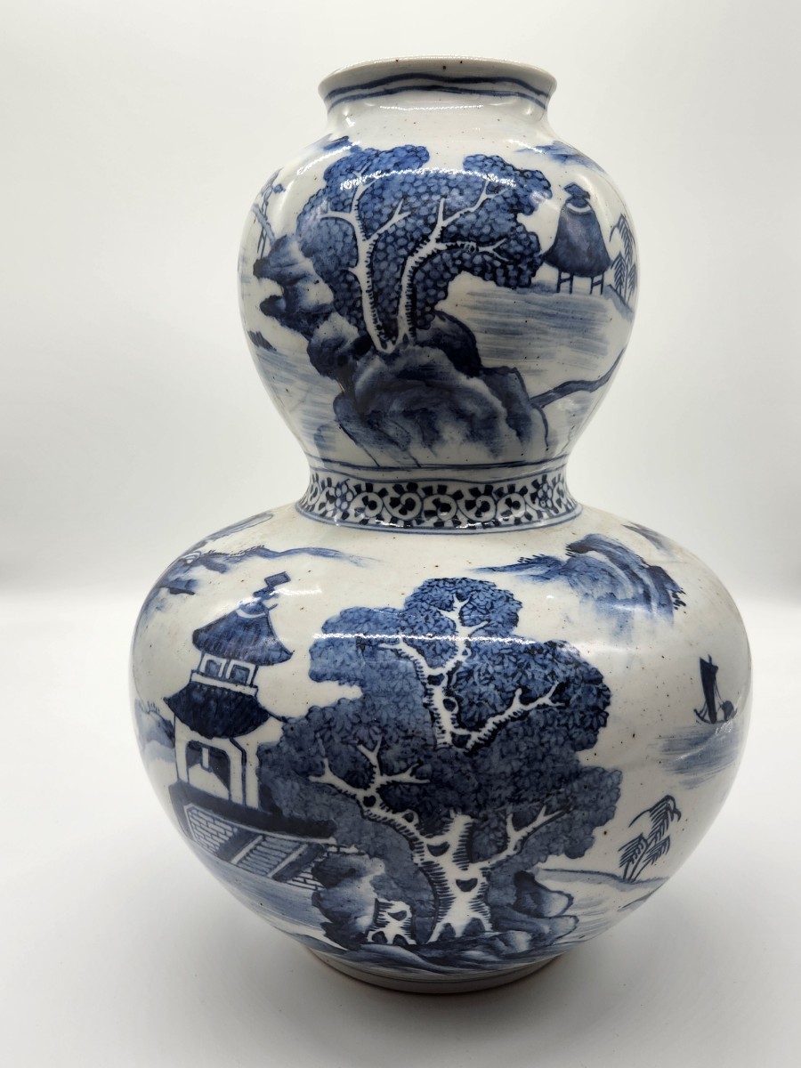 明から清朝期 原価30万 青花山水人物瓢箪型花入 染付