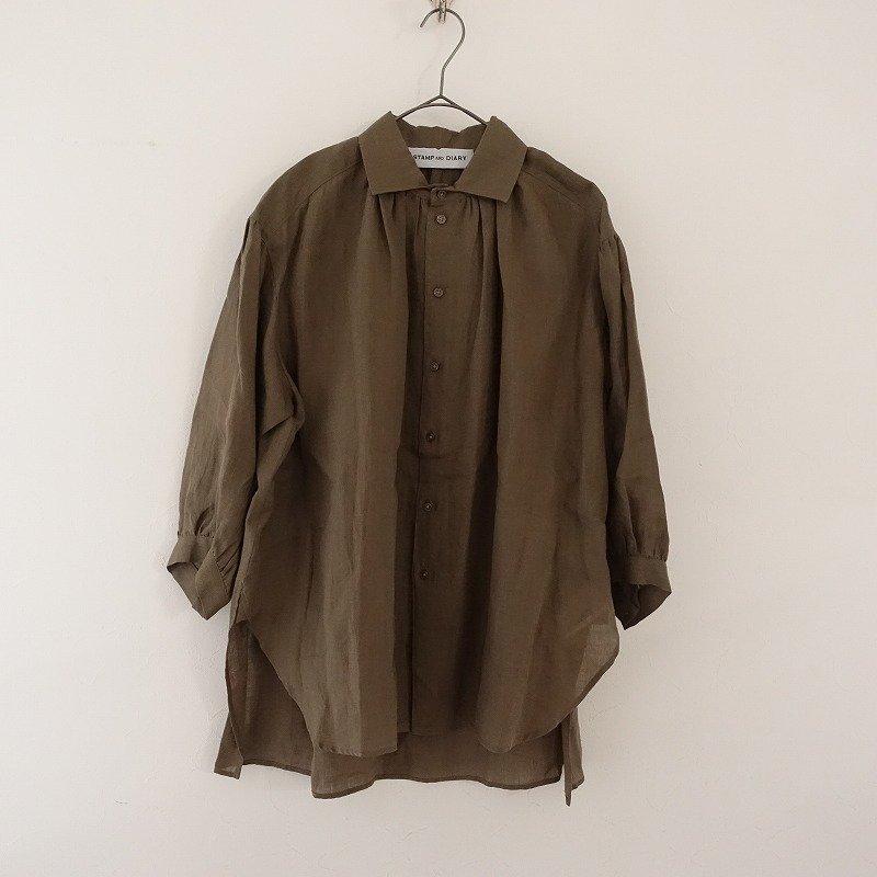 【美品】スタンプアンドダイアリー STAMP AND DIARY *リネンシャツ*薄手ギャザー麻ブラウンカーキ七分袖(4-2304-17)【41D32】