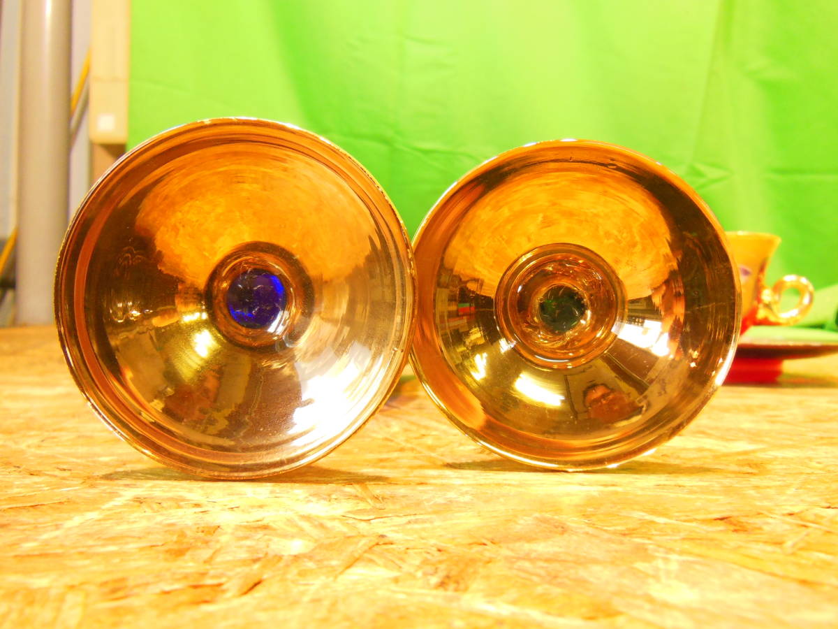 w230414-009A5 ベネチアンガラス 4点 カップ&ソーサー ゴブレット ブルー 赤 グリーン 植物 ゴールド 昭和レトロ コーヒー デミタス 酒器_4