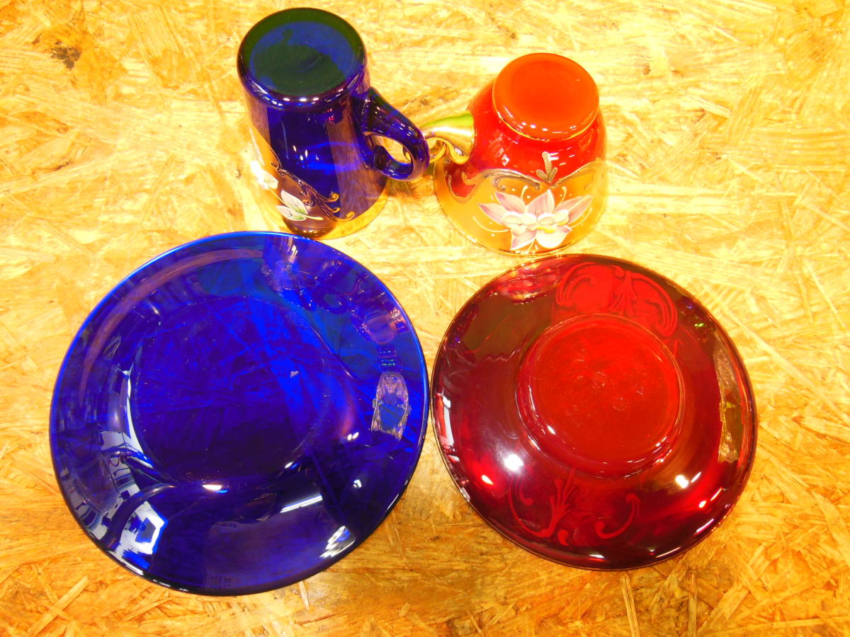 w230414-009A5 ベネチアンガラス 4点 カップ&ソーサー ゴブレット ブルー 赤 グリーン 植物 ゴールド 昭和レトロ コーヒー デミタス 酒器_6