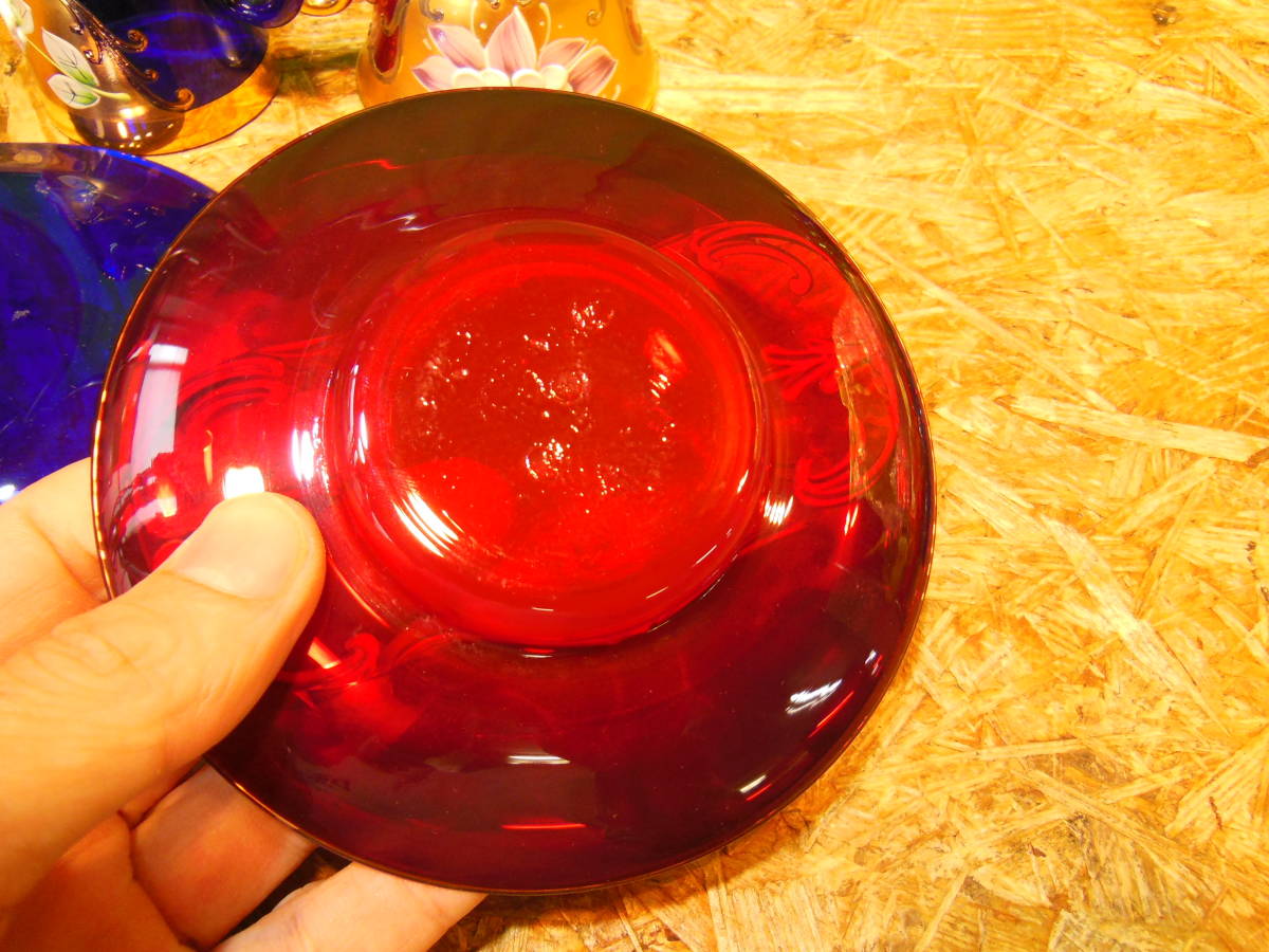 w230414-009A5 ベネチアンガラス 4点 カップ&ソーサー ゴブレット ブルー 赤 グリーン 植物 ゴールド 昭和レトロ コーヒー デミタス 酒器_7