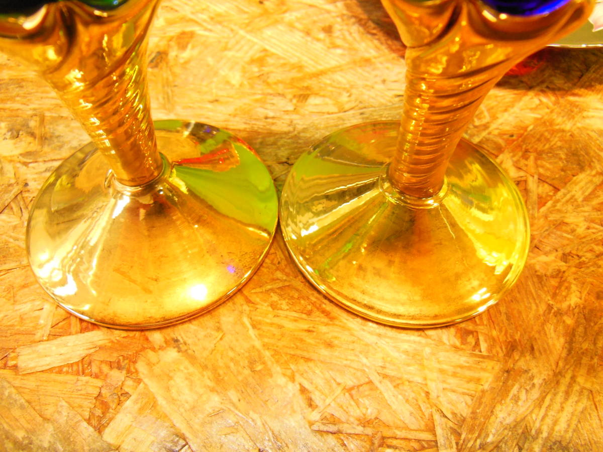 w230414-009A5 ベネチアンガラス 4点 カップ&ソーサー ゴブレット ブルー 赤 グリーン 植物 ゴールド 昭和レトロ コーヒー デミタス 酒器_8