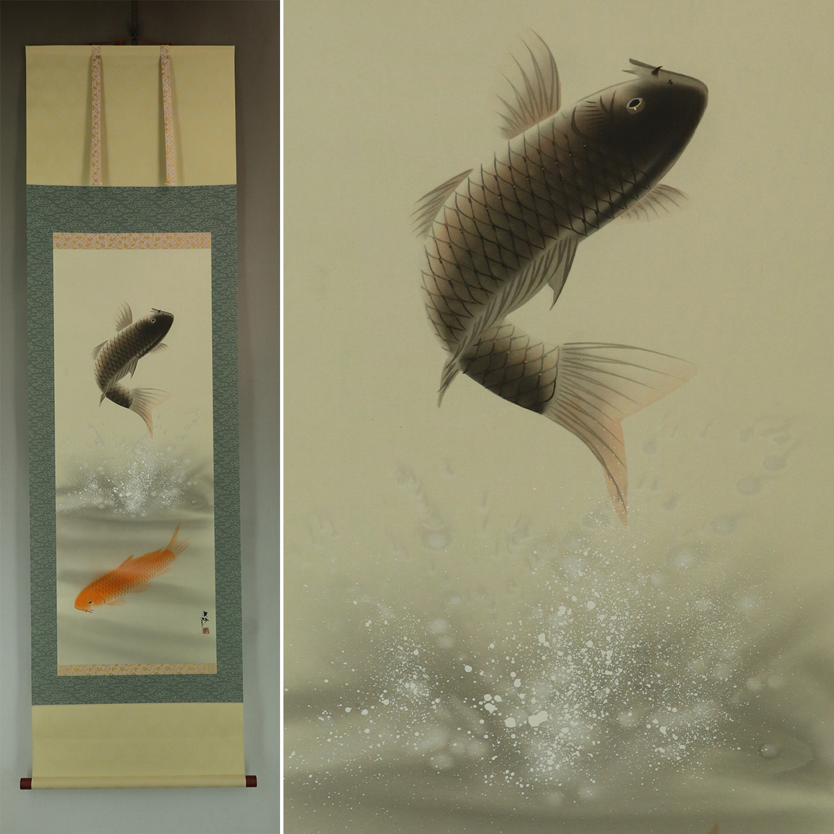 【真作】富永千泉【滝上り鯉】◆絹本◆共箱◆掛軸 t01133a