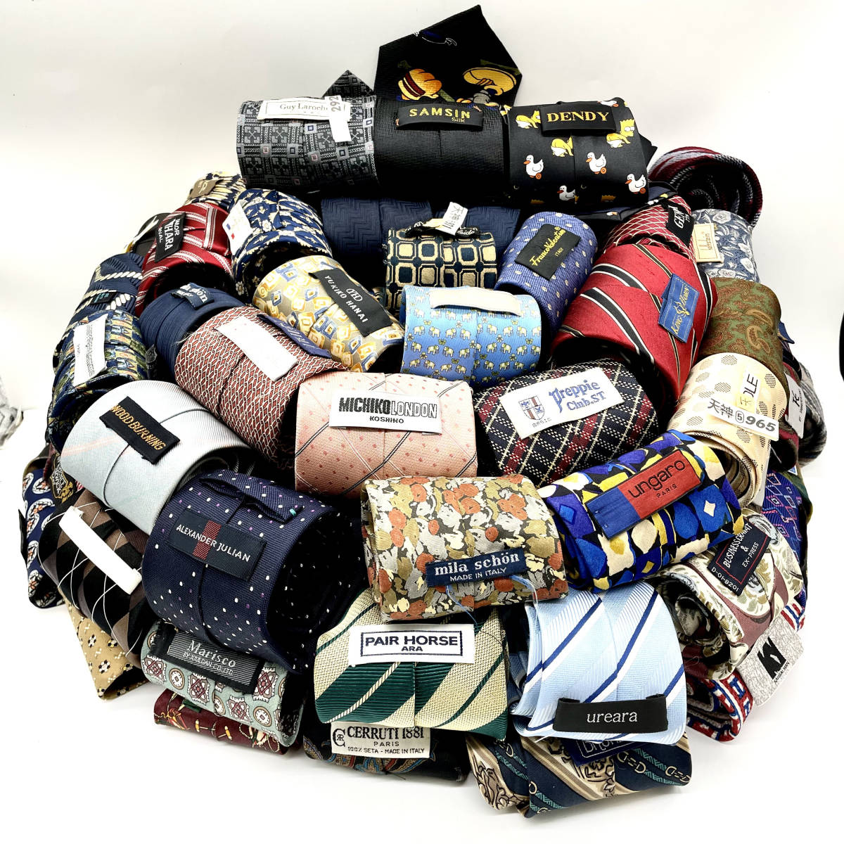 1円 ■ 100個以上 まとめ 大量 セット MICHIKO LONDON ロンシャン LANCEL 他 クリーニング 綺麗 総柄 ネクタイ 紳士 高級 C37