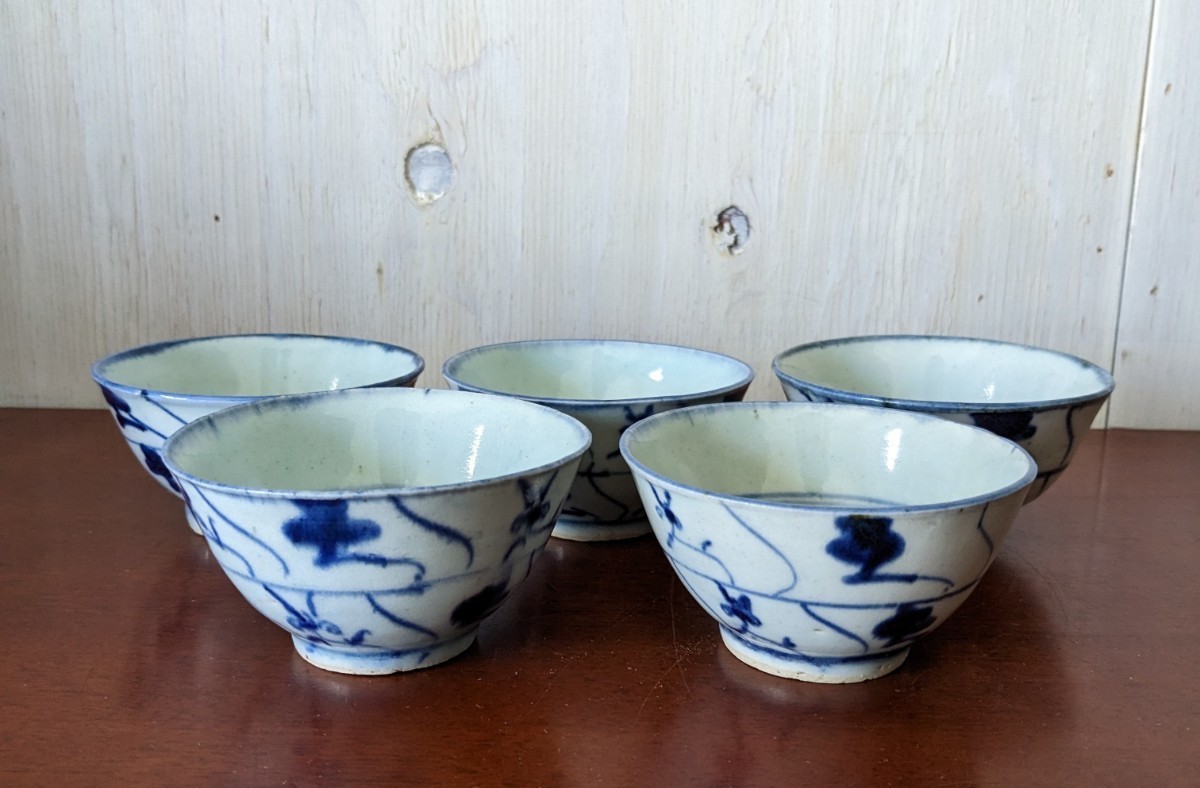 新渡　中国　染付　湯呑み　５客