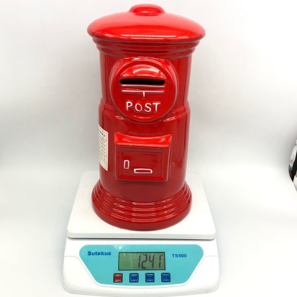 18648】郵便ポスト 貯金箱 特大 高さ約30cm 昭和レトロ 陶器製 赤