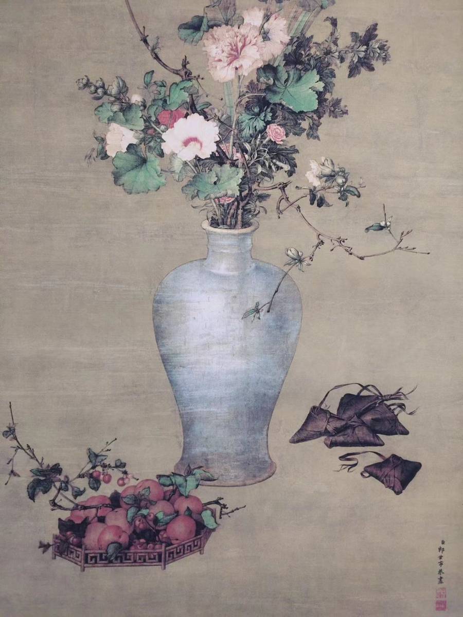 手描き 郎世寧 花瓶図 静物画 宣紙掛軸 三尺中堂 真作】中国書画『清代画家郎世寧・花瓶花卉図・宣紙』肉筆紙本・掛け軸