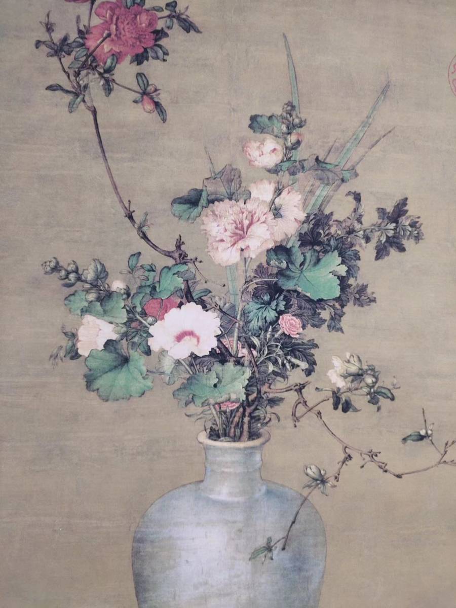 真作】中国書画『清代画家郎世寧・花瓶花卉図・宣紙』肉筆紙本・掛け軸
