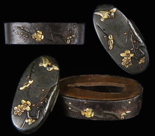 海江戸明治期 日本刀装具 時代武具 銅製 金銀象嵌 梅に雀図