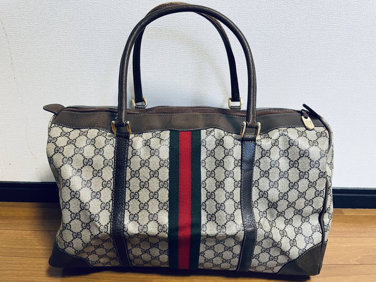 GUCCI GG柄 PVC×レザー オールドグッチ シェリーライン ボストンバッグ