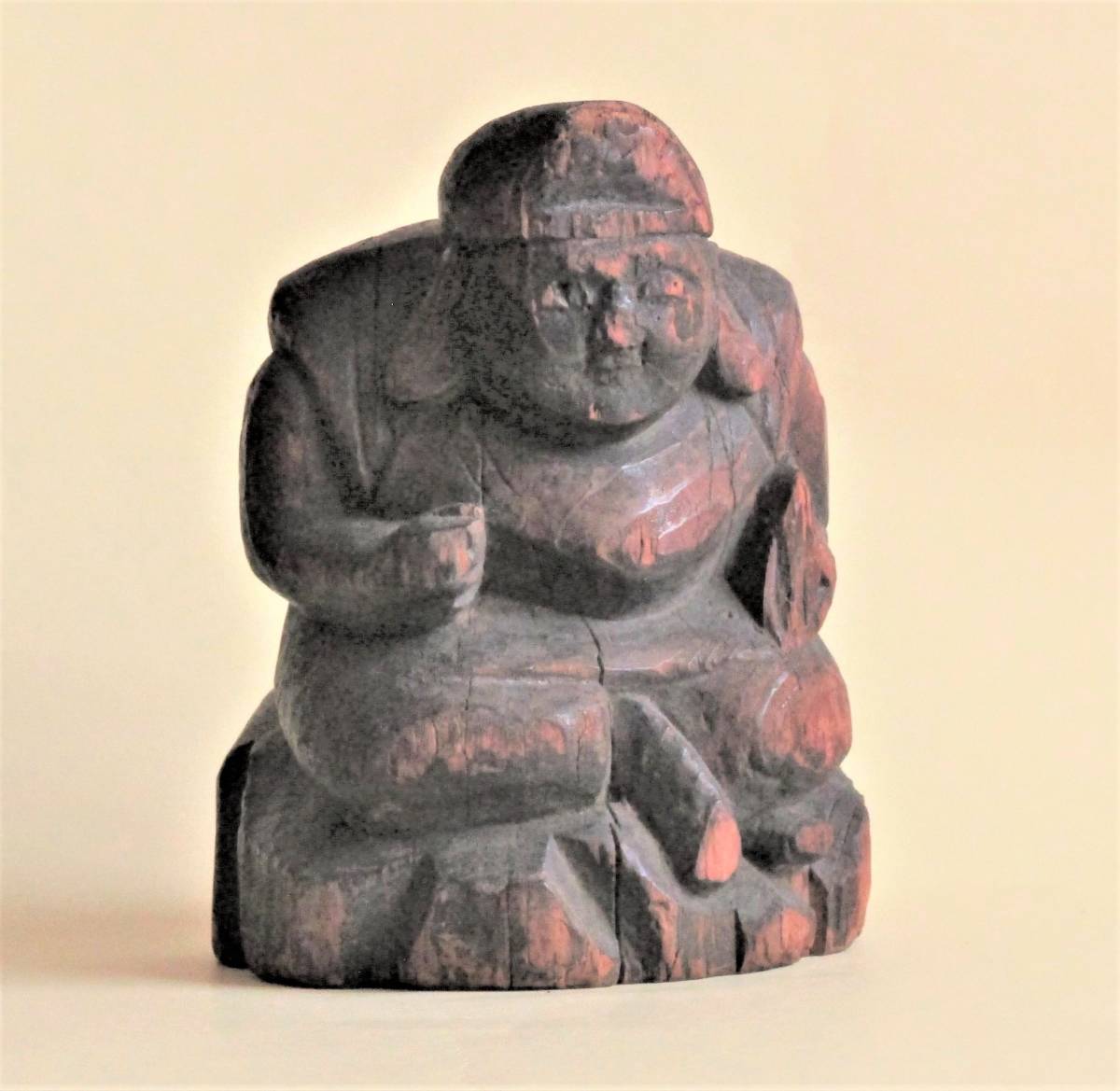 恵比寿像 木彫り 骨董 アンティーク 縁起物 置物 （L）