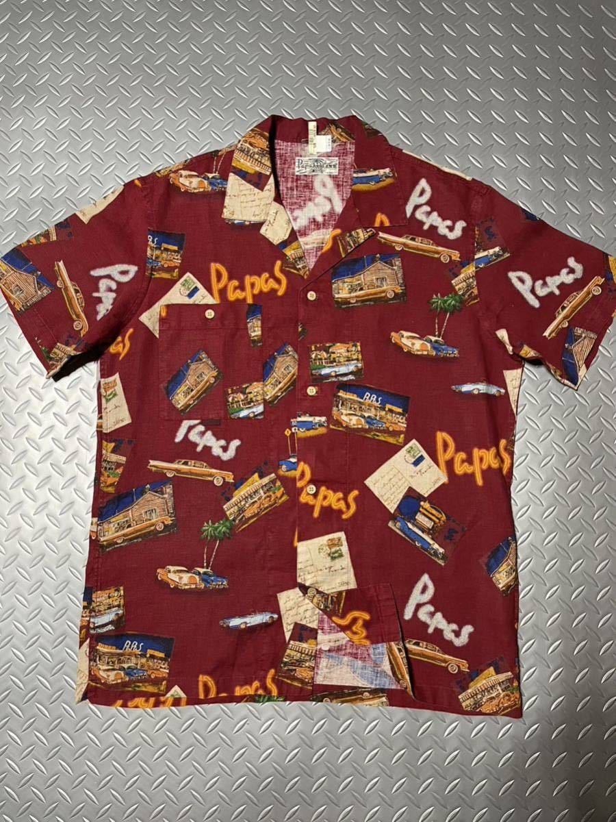 アメ車クラシックカー！☆ 美品 Papas パパス ☆ 麻リネン アロハ 