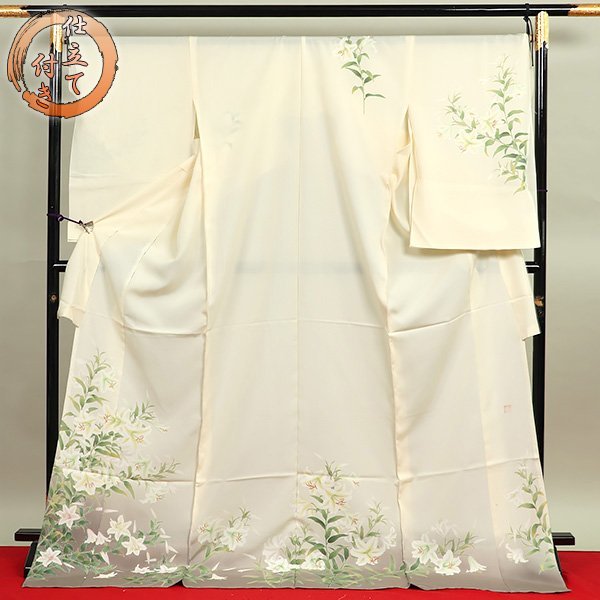 【絹工房33】高級手縫仕立付★新品★夏用五泉駒絽・文箱四季花柄付下5点セット★石勘謹製・今年度最新柄！ 夏物・五泉駒絽の着物です！刺繍入り訪問着『唐草に華紋：白地に薄緑 五泉 小紋 桜 紅葉 未