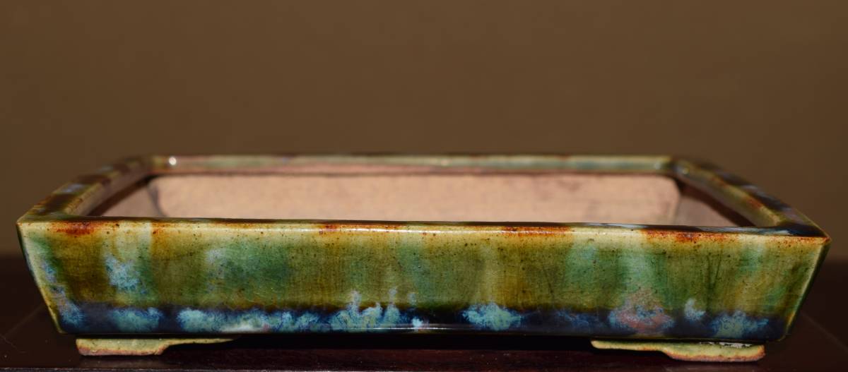 人気釉薬作家＜初期の福田茂・武州庵福茂・緑釉窯変・時代抜群・発色抜群・実用性抜群＞切立ち長方鉢・間口１6，3ｃｍ
