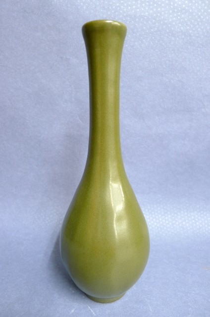 Q060 美品 苗代川焼 薩摩焼 荒木陶窯 幹二郎造 緑薩摩鶴首花入 花瓶 