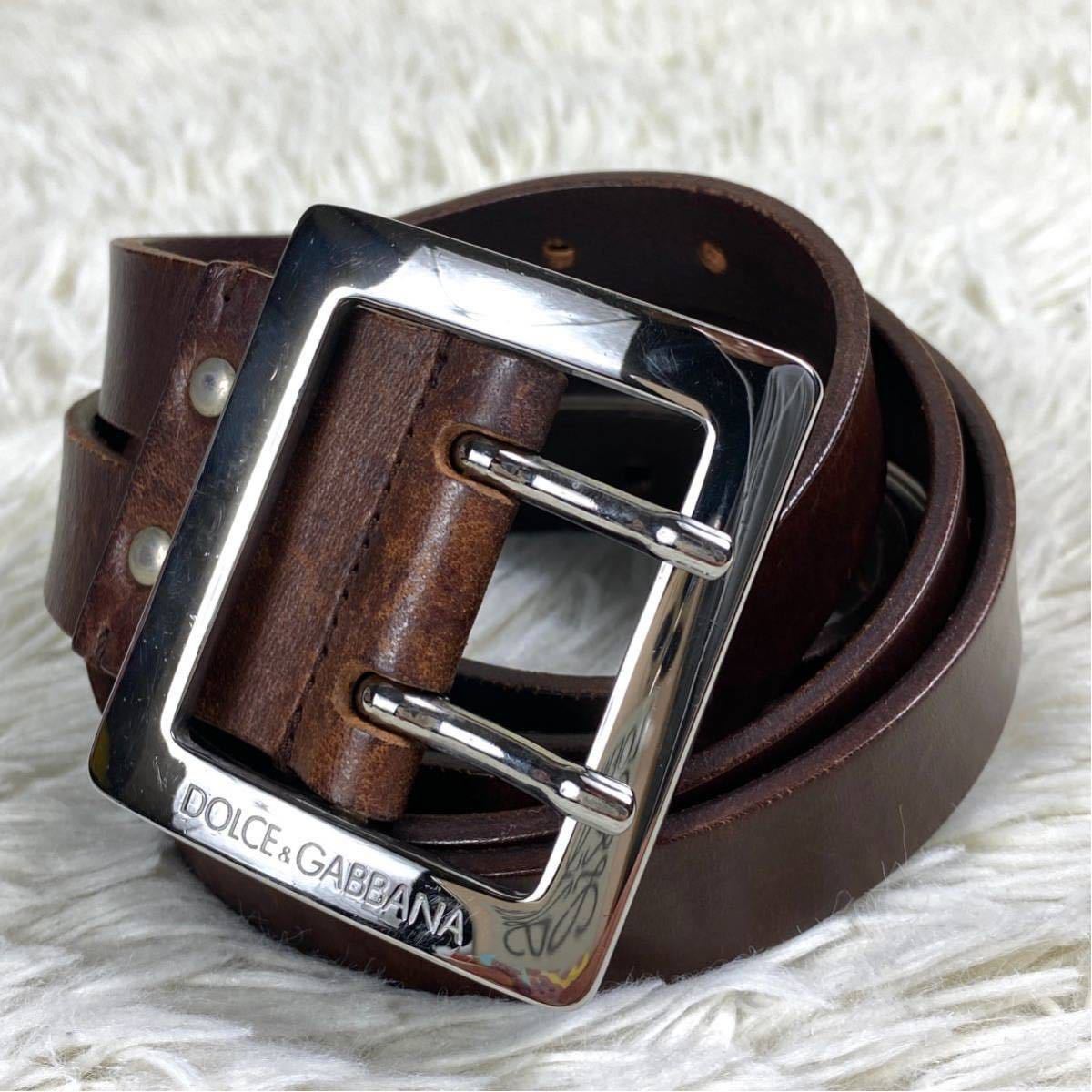 1円〜【美品】DOLCE&GABBANA ドルチェ&ガッバーナ ドルガバ レザー シルバー金具 ベルト 表記サイズ 40/85 メンズ 茶 ブラウン系 メンズ