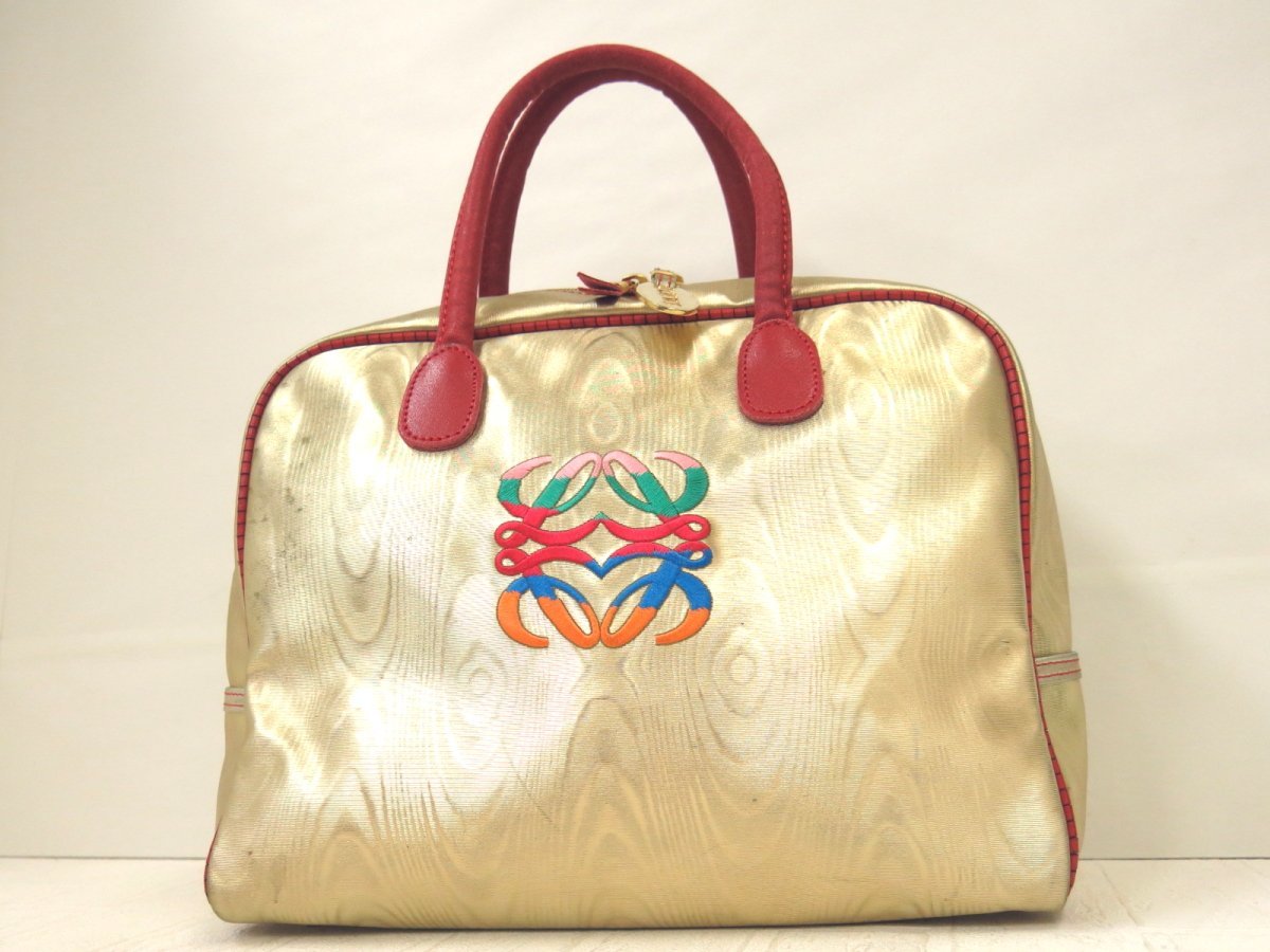 ◆LOEWE ロエベ◆アナグラム◆PVC カーフ レザー 本革◆ハンド バッグ◆ゴールド 赤 ゴールド金具◆ヴィンテージ◆腕掛け◆B5◆A1105