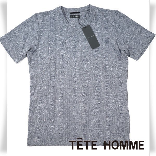 新品1円～★TETE HOMME テットオム メンズ 半袖 針抜き杢VネックTシャツ L ネイビー カットソー 本物◆6369◆