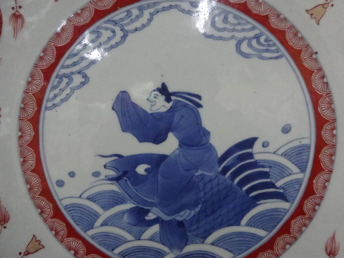 古伊万里 T25 色絵赤玉瓔珞琴高仙人文大皿 直径42.3cm 2.9kg(色絵 