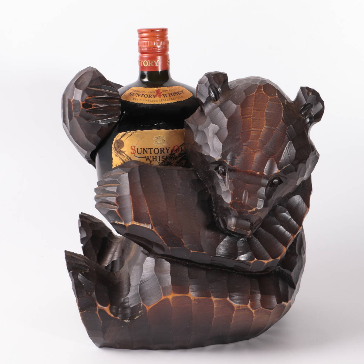 SUNTORY OLD WHISKY 魚ラベル熊の木彫りホルダー付き 新品未開封 サントリー ボトルホルダー 木彫りの熊 オールド ウイスキー - 特級