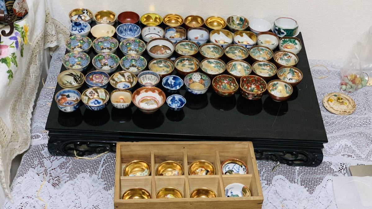 九谷焼 九谷 盃 60客まとめて 青粒 色絵 細密 画盃金彩染付