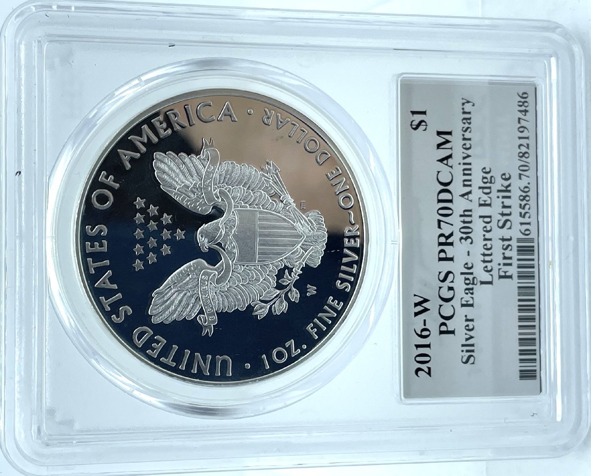 最高鑑定 2016-w シルバー イーグル 30周年記念コイン PCGS PR70 DCAM マーカンティー氏サイン入りスラブ 1ドル銀貨  レタードエッジ 最高鑑定 Moy氏サイン2016-W アメリカ シルバー イーグル 30周年記念
