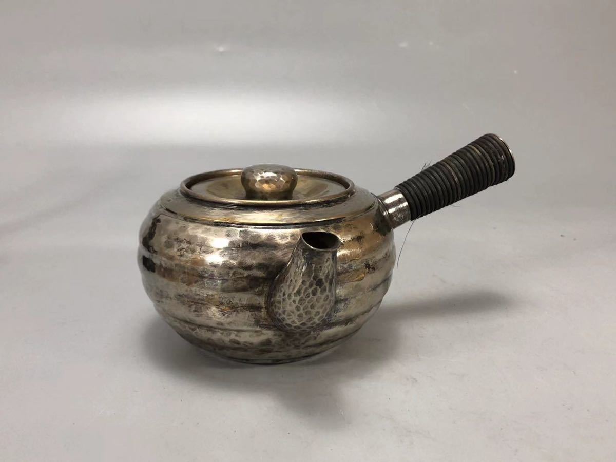 OKK》D0789「巧益造」銀製急須 横手急須 鎚目打 茶道具 煎茶道具 茶