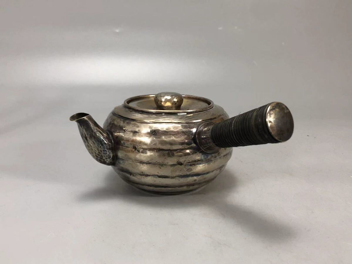 OKK》D0789「巧益造」銀製急須 横手急須 鎚目打 茶道具 煎茶道具 茶