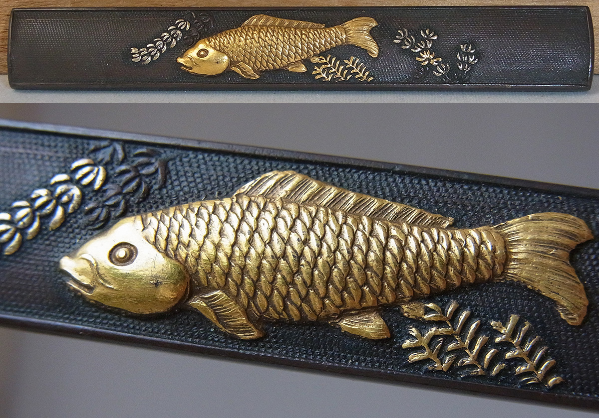 ◇◇【葵】小道具特集⑤江戸時代/赤銅魚子地遊鯉図高彫金銀象嵌色絵