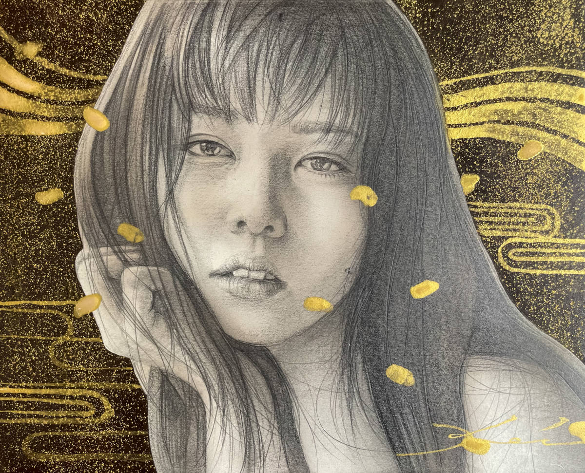 真作！☆茅原佳介 混合技法 金泥 F3号 写実絵画 「のぼせた頬