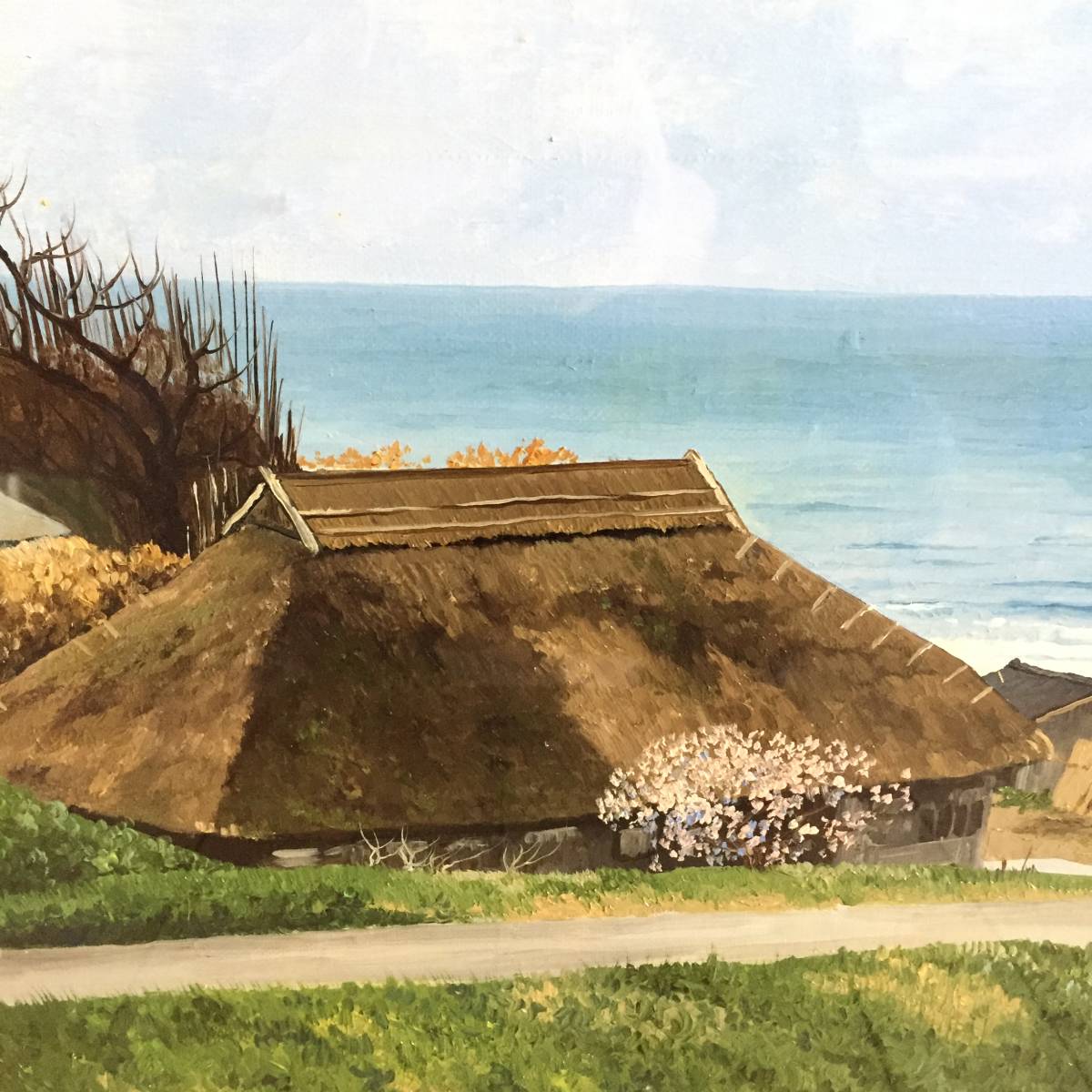 佐藤忠彦 海と民家 絵画 油絵 秋田県本荘市 風景画 油彩 額装 油彩画