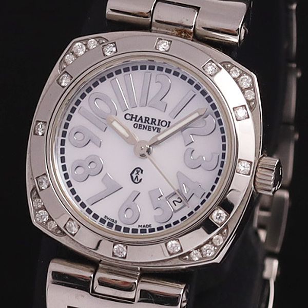 1円 稼働 良品 50周年記念 シャリオール QZ アレキサンダー デイト 石付 ラウンド ホワイトシェル文字盤 レディース腕時計 XYZ 2486000YSD