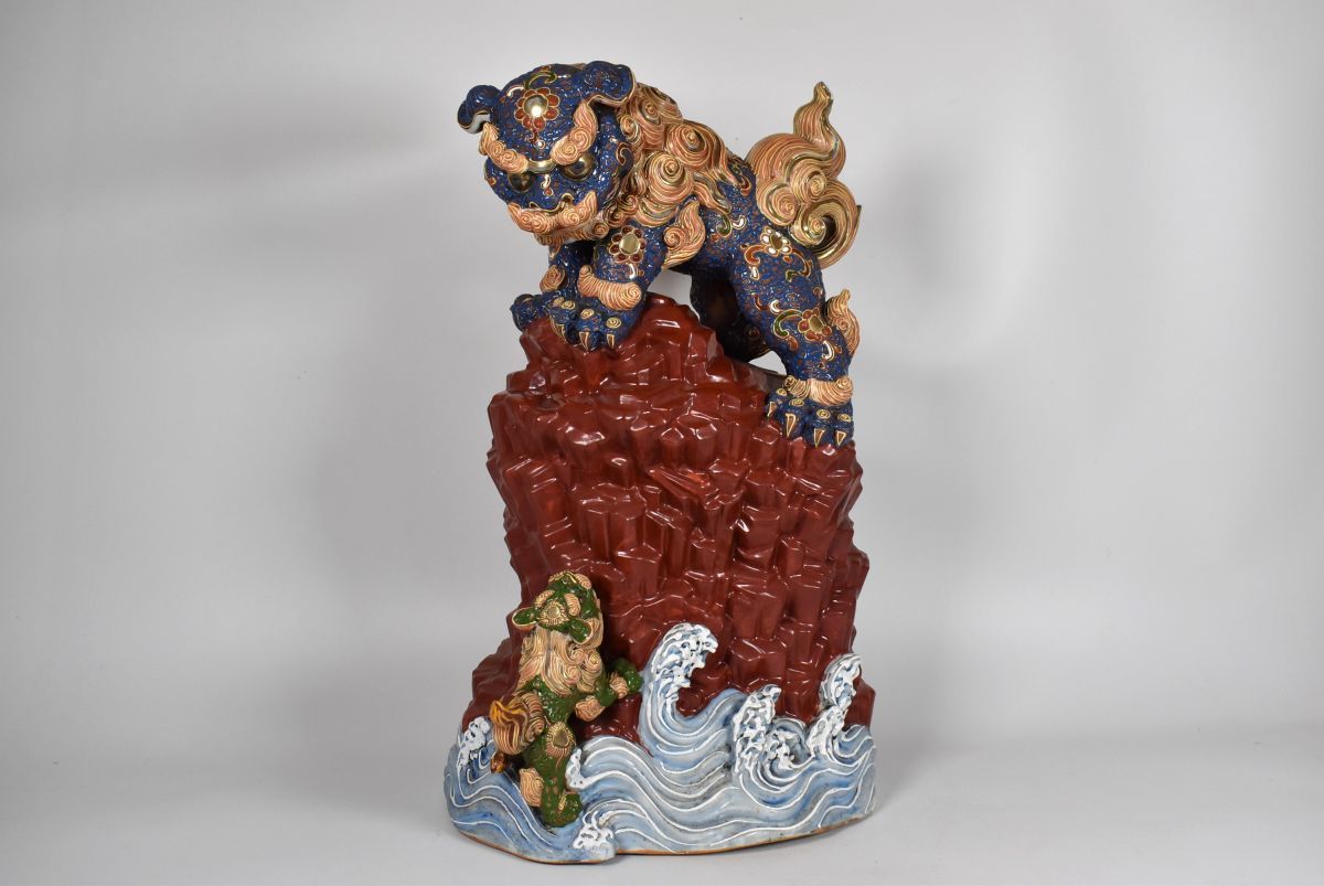 時代物 古九谷 色絵金彩 海岸壁昇親子獅子置物 高さ約42cm 骨董/九谷焼 