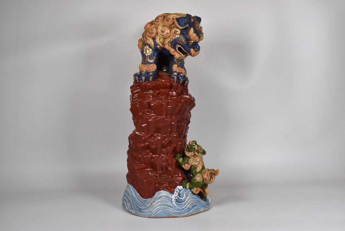 時代物 古九谷 色絵金彩 海岸壁昇親子獅子置物 高さ約42cm 骨董/九谷焼