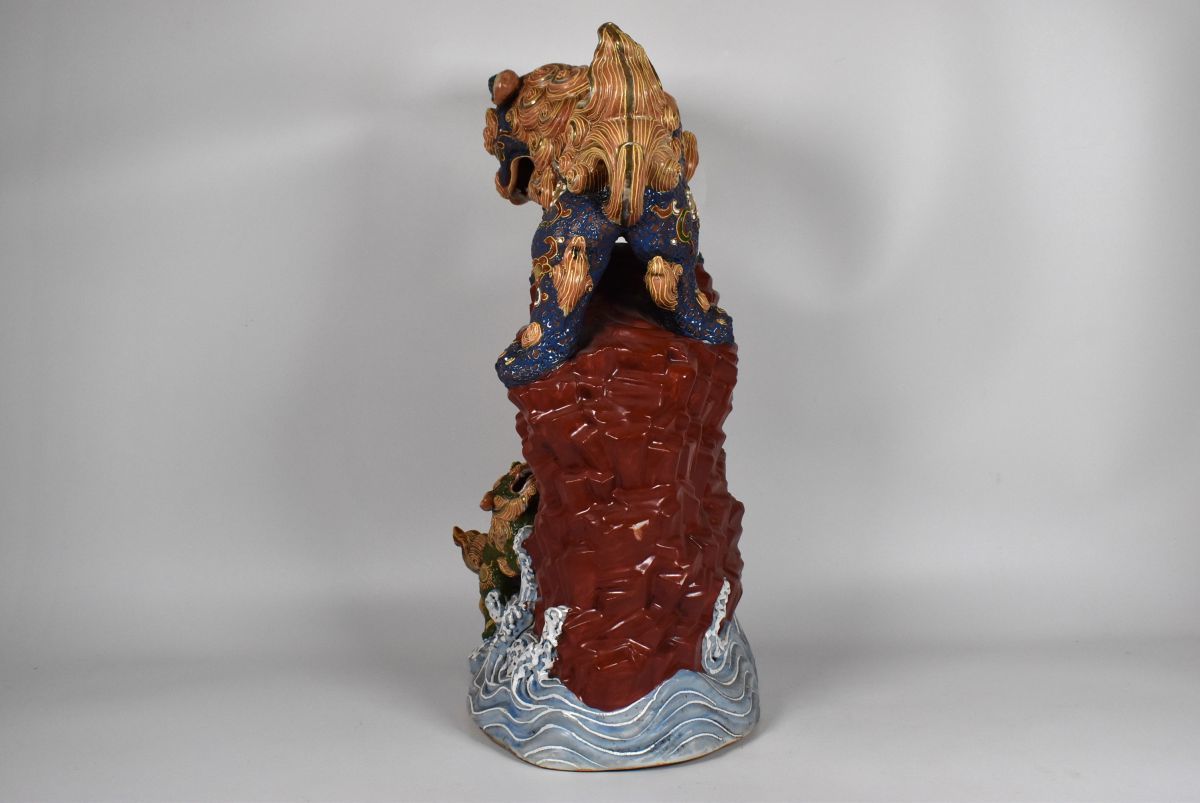 時代物 古九谷 色絵金彩 海岸壁昇親子獅子置物 高さ約42cm 骨董/九谷焼