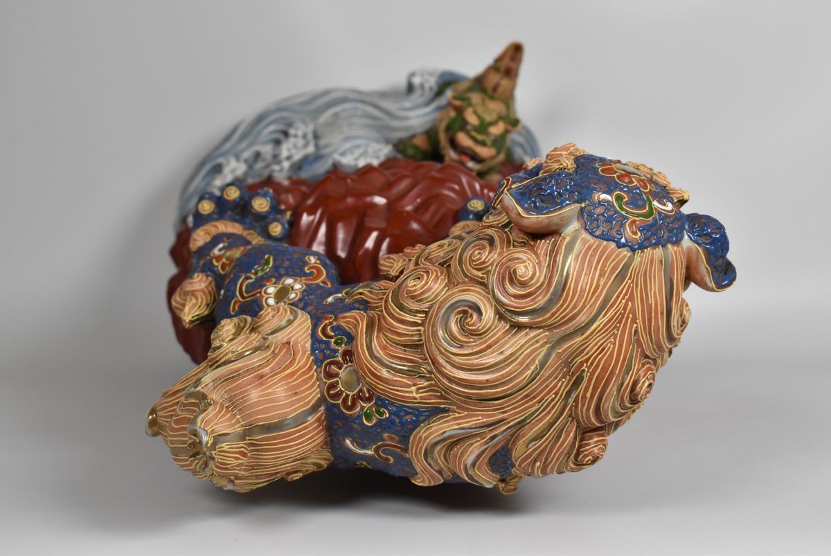 九谷 金彩 獅子 置物 時代物(A688) 時代物 古九谷 色絵金彩 海岸壁昇親子獅子置物 高さ約42cm 骨董/九谷焼