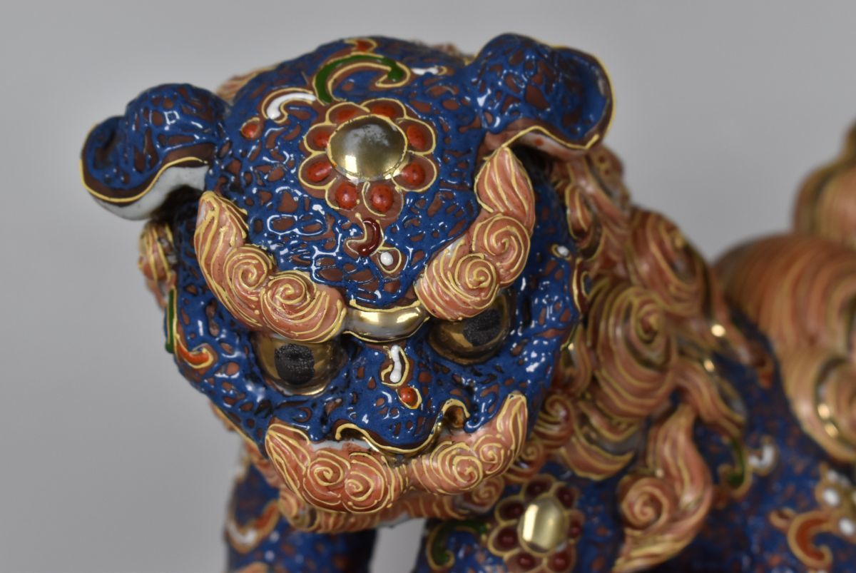 時代物 古九谷 色絵金彩 海岸壁昇親子獅子置物 高さ約42cm 骨董/九谷焼