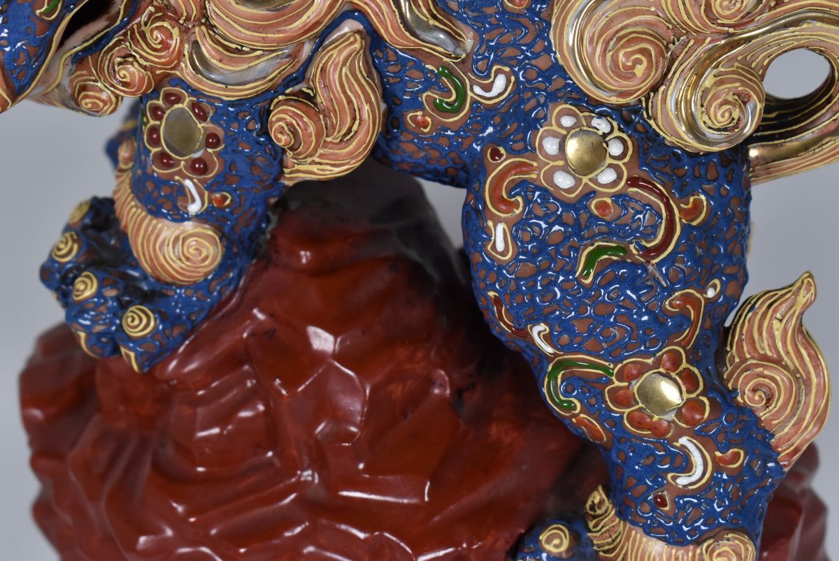 時代物 古九谷 色絵金彩 海岸壁昇親子獅子置物 高さ約42cm 骨董/九谷焼